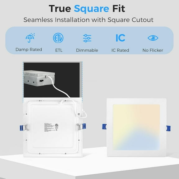 EFEMF-1 Pack 3 Inch Square Recessed Lighting, 5CCT Ultra Thin Square Recessed LED Downlight with Junction Box, 2700K/3000K/3500K/4000K/5000K Selectable, Dimmable,6W, Canless IC Rated, White Trim