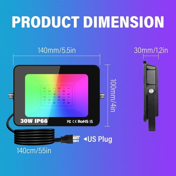 EFEMF-1 x 30W LED Floodlights Outdoor, Smart RGB Flood Lights with Plug, APP Remote Control, Dimmable Colour Changing Flood Light for Garden Courtyard Landscape DIY Party Stage Decoration