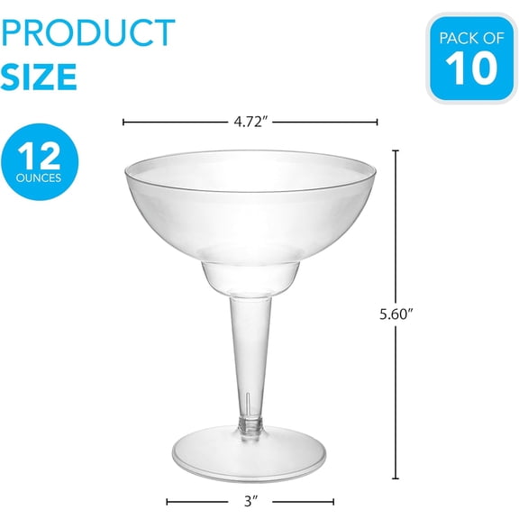 EFEMF-10 Count Hard Plastic Two-Piece Margarita Glasses, 12-Ounce, Clear