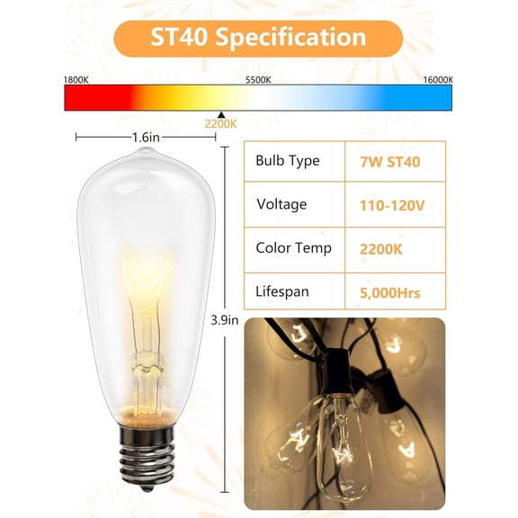 EFEMF-10-Pack Edison Replacement Bulbs ST40 Light Bulbs, 7W 120V E17 Screw Base, Edison Replacement Bulbs for Outdoor String Lights, Bulb for Patio Garden Backyard Decor, Warm White