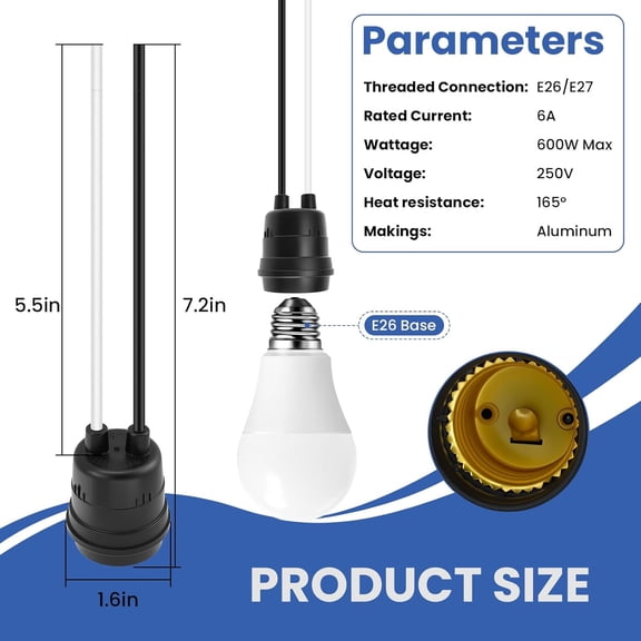 EFEMF-10 Pcs Black E27 Waterproof Lamp Socket Pigtail Holder with 10cm Wires, 250V 660W Fully Sealed Rainproof Base for LED Lamps, Indoor/Outdoor Use