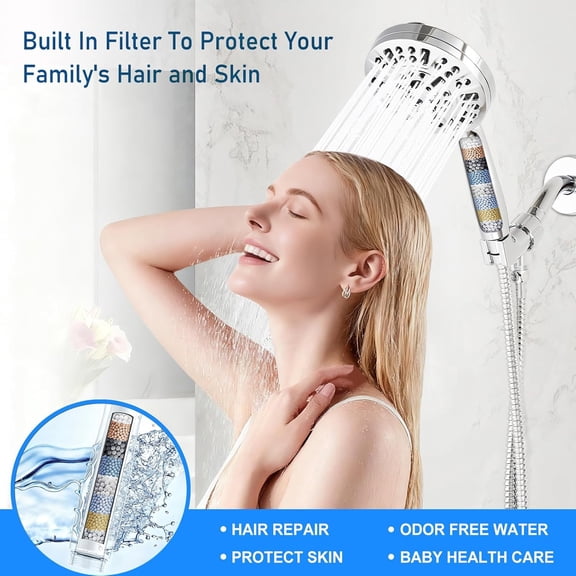 EFEMF-10 Sprays High Pressure Filtered Shower Head with Handheld, 5" Large Showerhead with 80" Stainless Steel Shower Hose, 2 Built-in Power Jets, Powerful Filter to Improve Water Quality, Chrome
