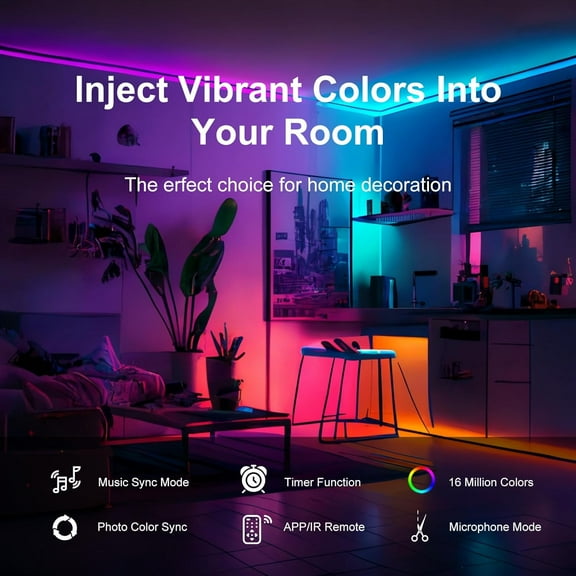 EFEMF-100 FT Led Lights for Bedroom, Music Synchronized RGB Bluetooth LED Lights, Smart Application and Remote Control Color Change LED Light Strips, Used for Home Room Lighting Decoration