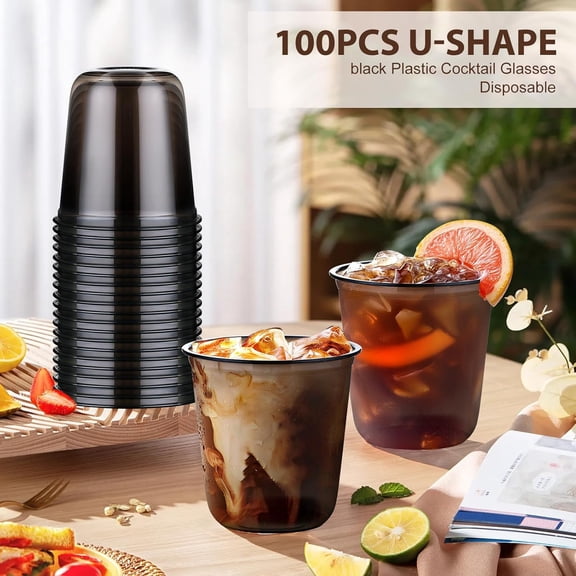 EFEMF-100 Pcs 12 oz Black Clear Plastic Cups, Disposable Stemless Wine Glasses for Halloween Graduation Party, Round Bottom Plastic Cocktails Cups, Disposable Cold Drinks Cup for Birthday Wedding