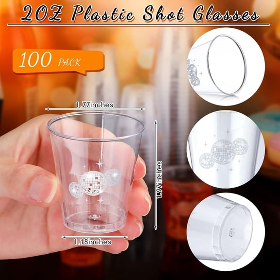EFEMF-100 Pcs Disco Ball Plastic Shot Glasses 2oz mini Clear Disposable Cups Disco Party Supplies Cups for Shots Wine Whiskey Tasting Pudding Bachelorette Elegant Parties