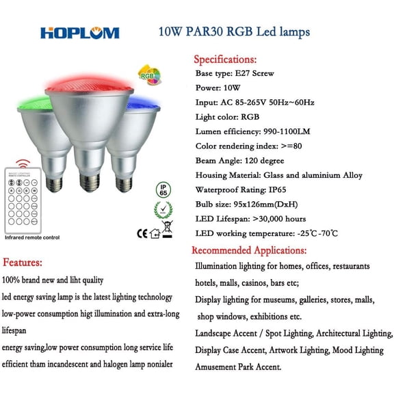 EFEMF-10W PAR30 RGB Colored LED Spotlight Outdoor, E27/E26 Color Changing Light Bulb, Waterproof Flood Light with Remote for Holiday Home Party Decor