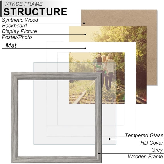 EFEMF-10x10 Picture Frame, Display 8x8 With Mat or 10x10 Without, Tempered Glass Wooden Square Photo Frame for Gray Frame, Wall Gallery Poster Frame best gift