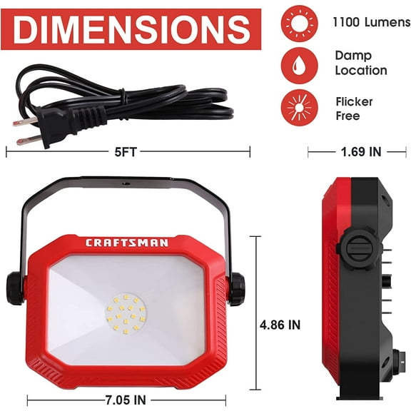 EFEMF-1100 Lumens 4000K LED Tiltable Portable Work Light in Red with 2-in-1 Adjustable Metal Rotating Stand and Handle, Impact-Resistant Glass Lens, 5FT Power Cord, ETL, Perfect for Job Site