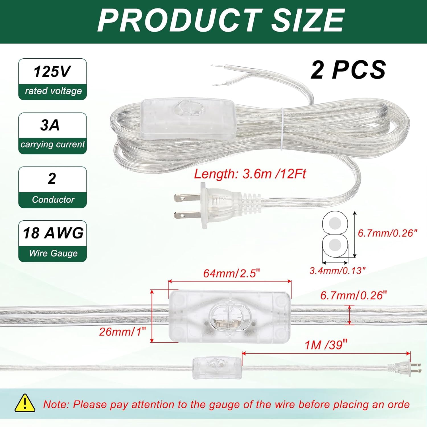 EFEMF-12 Feet 18AWG Lamp Cord with Plug, 2 Set SPT-2 UL List Lamp Power ...