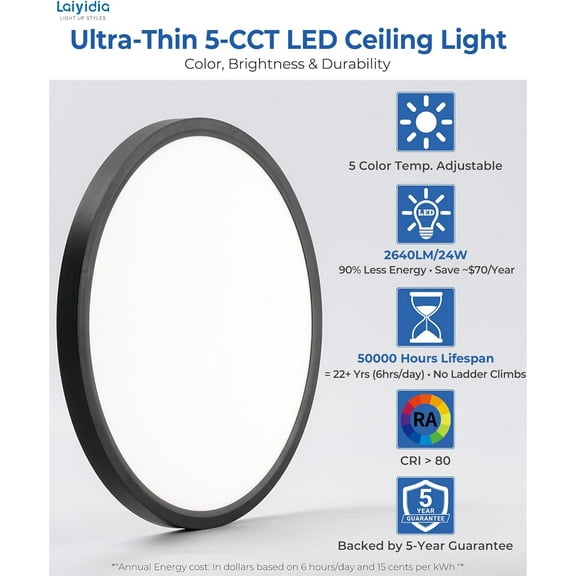 EFEMF-12 Inch Flush Mount Ceiling Light, 5 CCT Selectable 2700K-6500K, 24W 2640LM Ultra Thin Flat Panel, LED Light Fixture for Bedroom Kitchen Bathroom Hallway Closet, Non-Dimmable, Matte Black,1-Pac