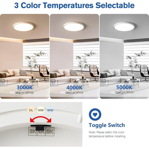 EFEMF-12 Inch Slim Dimmable LED Flush Mount Ceiling Light Fixtures, 24W 2640LM 3000K/4000K/5000K, House Upgrade Led Lights for Bedroom Hallway Laundry Room Rental Units, 240W Equiv., White