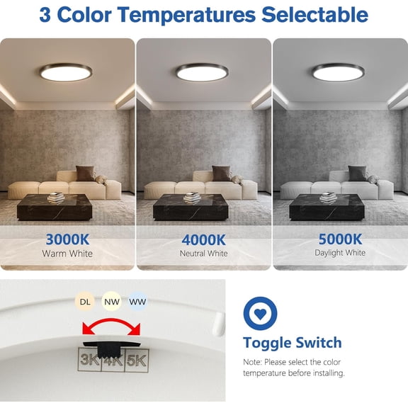 EFEMF-12 Inch Slim Dimmable LED Flush Mount Ceiling Light Fixtures, 24W 2640LM 3000K/4000K/5000K, House Upgrade Led Lights for Bedroom Hallway Laundry Room Rental Units, 240W Equiv., Black