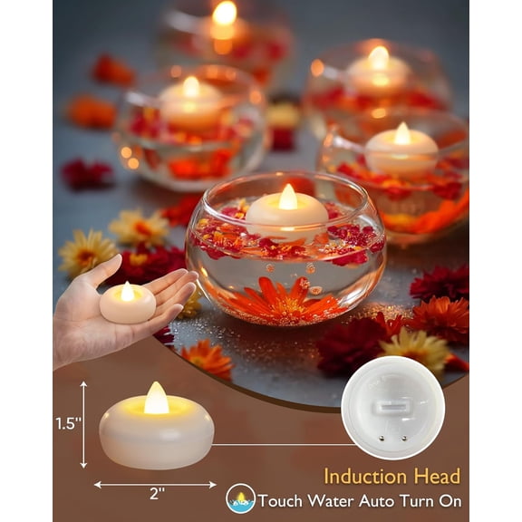 EFEMF-12 Pack 200 Hour Flameless Floating Candles, 2 Inches White Waterproof Led Tealights for Wedding Vases Centerpieces Party Proposal Pool Decor Decoration