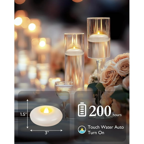 EFEMF-12 Pack 200 Hour Flameless Floating Candles, 3 Inches White Waterproof Led Tealights for Wedding Vases Centerpieces Party Proposal Pool Decor Decoration