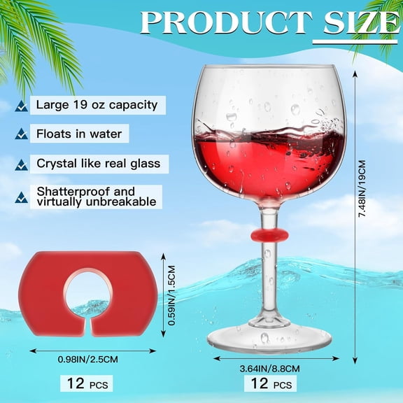 EFEMF-12 Pack Floating Wine Glasses for Pool with Charms Tags 19 oz Acrylic Pool Floating Cup with Stem Reusable Stemware Shatterproof Wine Glasses for Indoor Outdoor Beach Supplies