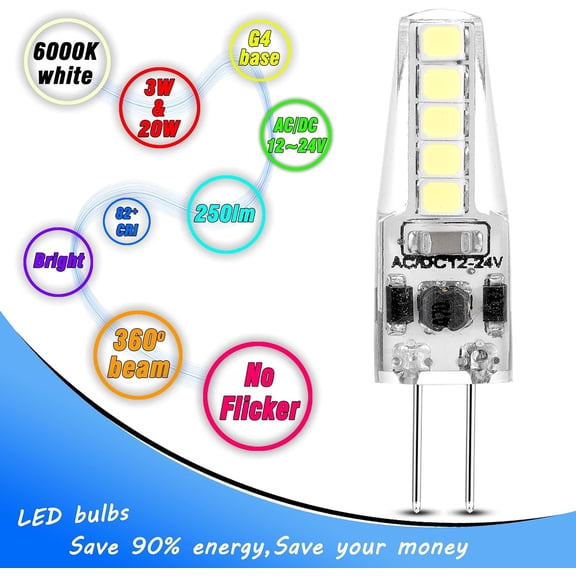 EFEMF-12 Volt G4 LED Bulb,20W-35W T3 JC Halogen Bulb Equivalent, 6000K Daylight White 3W 350LM for RV Camper Puck Light,Chandeliers,Landscape Lighting,Microwave Lighting,Under Cabinet Light,10 Pack