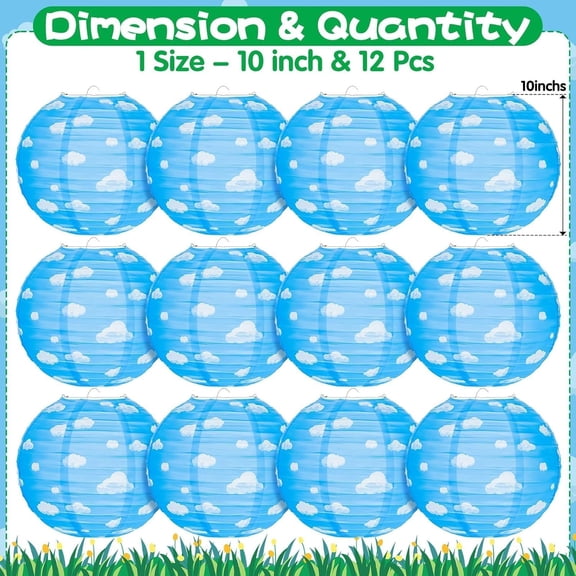 EFEMF-12PCS Blue Sky White Clouds Paper Lanterns, 10 inch Blue Party Decorations Hanging Round Paper Lanterns Clouds Theme Party Decorations for Birthday Home Decor