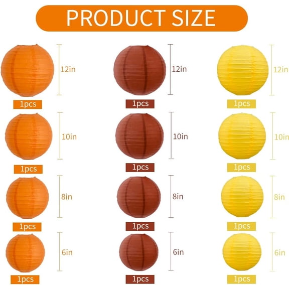 EFEMF-12Pcs Fall Orange Paper Lanterns Decorative Yellow Orange Brown Hanging Round Paper Lanterns Lamp for Thanksgiving Harvest Fall Wedding Autumn Birthday Decor,Outdoor Party Decoration