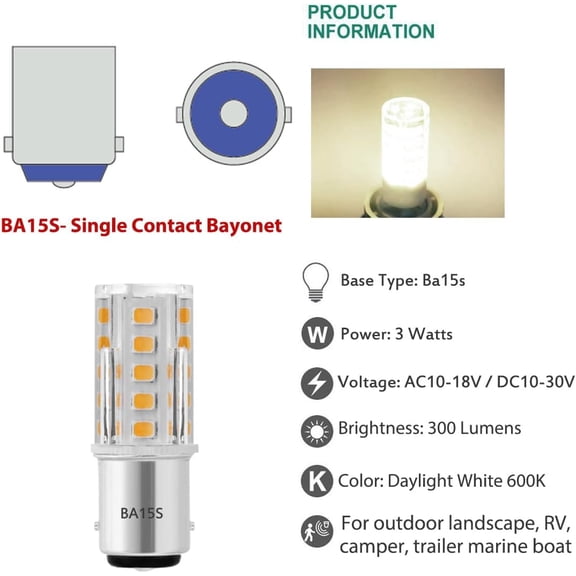 EFEMF-12V BA15S Led Bulbs,1156 1141 DC Bayonet Single Contact Base, 3W AC/ DC12V Low Voltage BA15S Bulb for Landscape RV Camper Interior Marine Boat Trailer Lights,White 6000K, Pack of 3