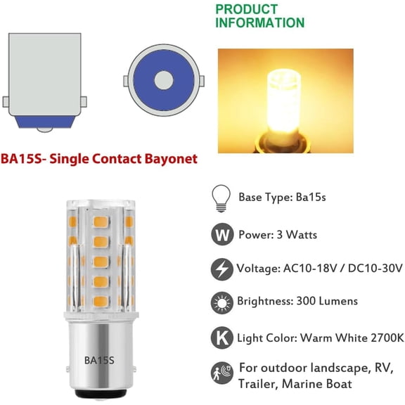 EFEMF-12V BA15S Led Bulbs,1156 1141 DC Bayonet Single Contact Base, 3W AC/ DC12V Low Voltage BA15S Bulb for Landscape RV Camper Interior Marine Boat Trailer Lights,Warm White 2700K, Pack of 3