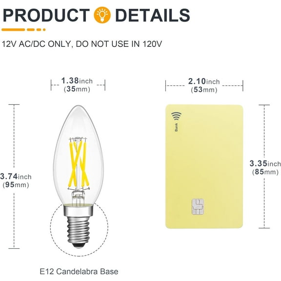 EFEMF-12V Candelabra LED Light Bulbs - Daylight 5000K 4W(Only for 12 Volt DC/AC) - E12 Small Base - 40W Equivalent Dimmable Low Voltage Type B LED Candle Bulb for RV, Boat, Lantern, 4 Pack