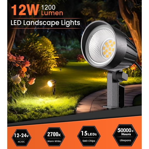 EFEMF-12W Low Voltage Landscape Lights, 12V 24V 1200LM Warm White LED Spotlights Landscape Lighting Outdoor IP66 Waterproof Garden Lights Tree Pathway 1 Pack