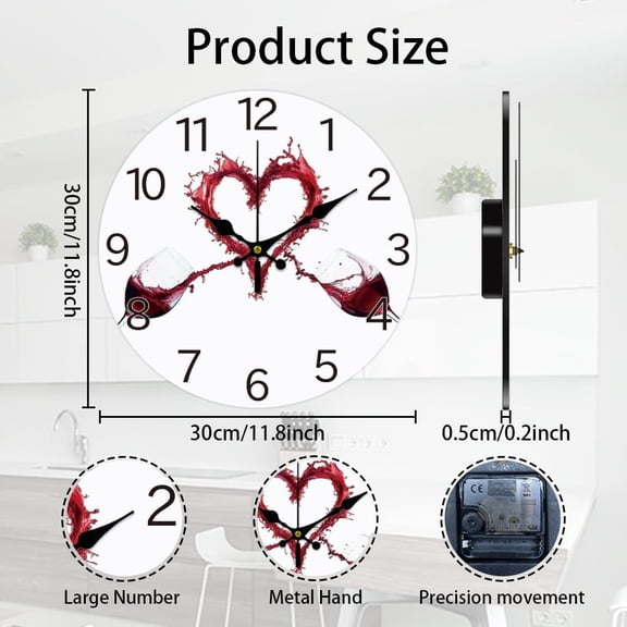 EFEMF-12inch Red Wine Glass Wall Clock Battery Operated Silent Non Ticking Round Decorative Clock for Office Home Living Room Bedroom Bathroom Kitchen Decor