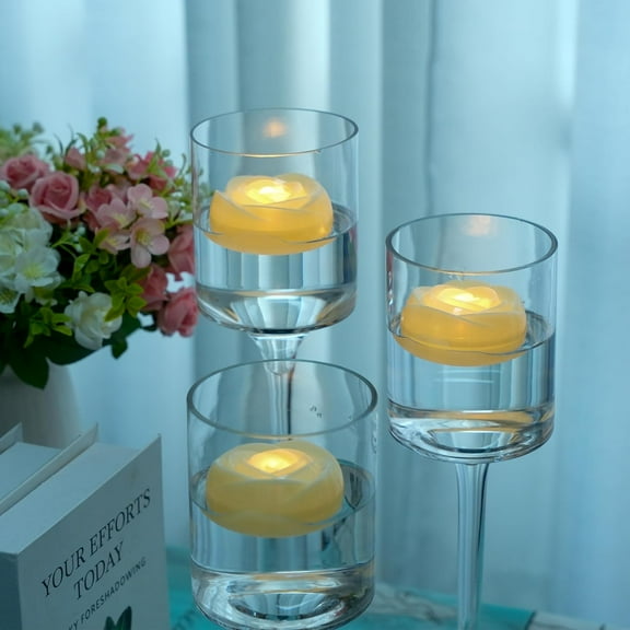 EFEMF-12pcs Flameless LED Floating Candles, Ivory Rose Plastic Tealights Battery Operated, 120+ Hours Glow Time, Cozy Light for Romantic Pool/Bathtub/Hot Bath/Wedding Centerpiece Decor(D2.83*H1.42)