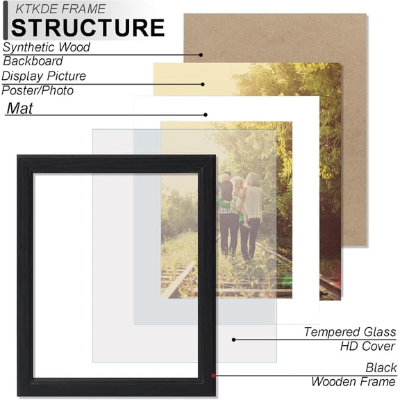 EFEMF-12x18 Wooden Picture Frame,Display Pictures 11x17 with Mat or 12x18 Without, Tempered Glass, 18 by 12 Black Frame Wall Gallery Photo Frames Poster Frame best gift