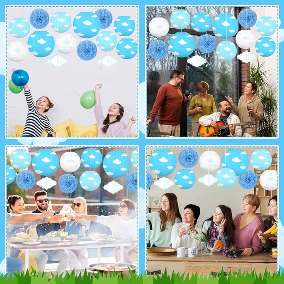 EFEMF-14PCS Sky Cloud Hanging Paper Lanterns Party Decorations SetHoliday Blue Pom Pom White 3D Fake Clouds Natural Theme Ornaments Decor for Home Birthday Ceiling Outdoor Indoor Supplies