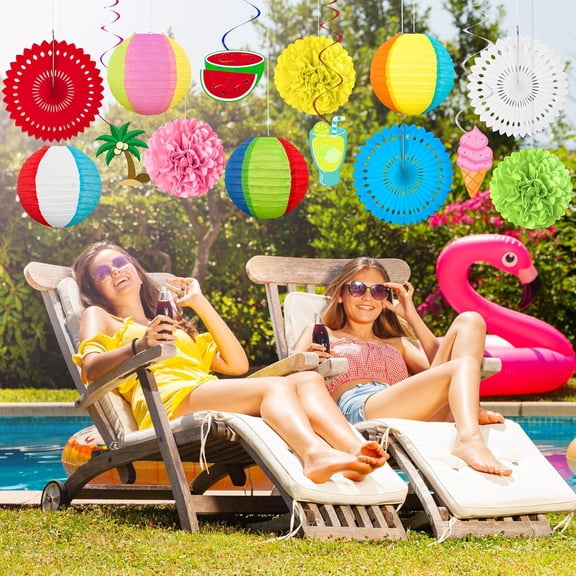 EFEMF-14Pcs Beach Party Decorations Paper Lanterns Fans Pom Poms Hanging Swirls - Luau Pool Summer Hawaiian Tropical Themed Decor for Home Birthday Outdoor Indoor