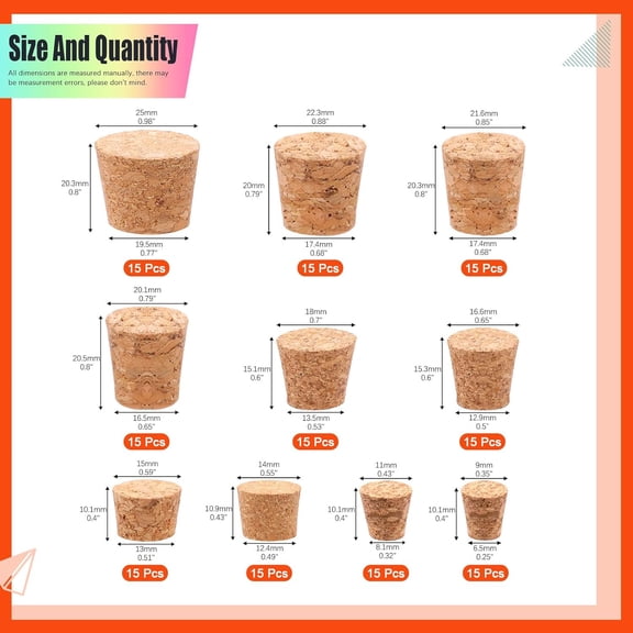 EFEMF-150Pcs 10 Sizes Tapered Cork Plugs Wooden Wine Bottle Cork Stoppers Natural Soft Wood Corks Replacement Corks for Wine Beer Bottle, Glass Bottles