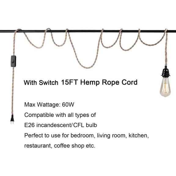EFEMF-15FT Pendant Light Cord Kit with On/Off Switch, Swag lights with plug in cord, Industrial Pendant Lighting E26 Socket for Extension Hanging Lantern Cable Fixture for Faemhouse Lamp Cable, Retro