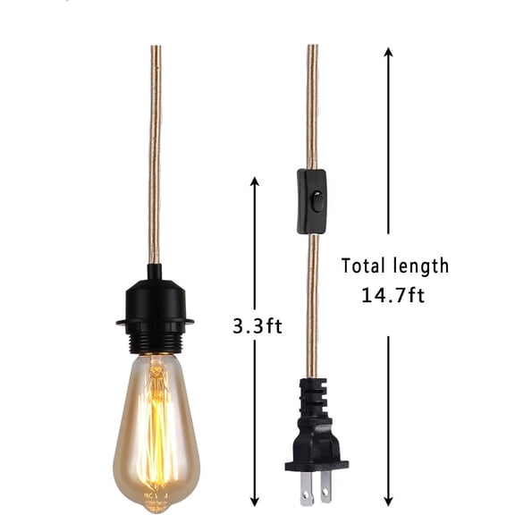 EFEMF-15Ft Pendant Light Cord, Hanging Light Kit with Switch Plug,Vintage Gold Woven Fabric Rope Pendant Lights Socket Set E26 for Extension Hanging Pendant Lamp Farmhouse Lamp Cable (Gold)