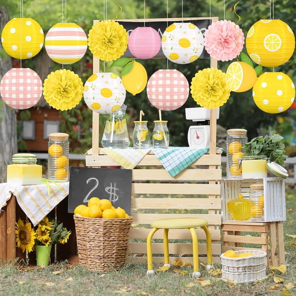 EFEMF-15PCS Summer Lemon Party Decorations Paper Lanterns Pom Poms Hanging Swirls Yellow Pink Theme Lemonade Stand Italian Decor for Birthday Home Backyard Indoor Outdoor