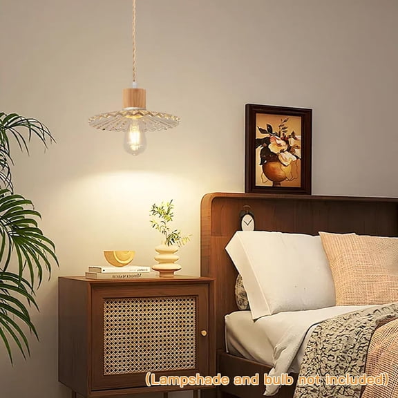 EFEMF-15ft Wood Pendant Light Cord Kit with Shade Ring and ON Off Switch, Hanging Lamp Kit Plug in Cord for Farmhouse, Vintage Swag Light Bulb Cord DIY Twisted Nylon Rope for E26 E27 Socket