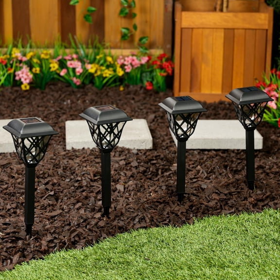 EFEMF-16"H Solar Criss Cross Pathway LED Lights, Weather-Resistant Dusk and Dawn Automatic Light Sensor for Garden Landscapes, Black, Set of 4