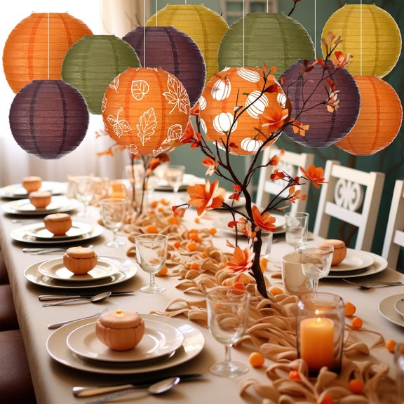 EFEMF-16 Pcs Thanksgiving Paper Lanterns Fall Party Paper Lanterns Dark Orange Pumpkin Round Thankful Maple Leaves Hanging Party Decorations for Autumn Harvest Outdoor Decor