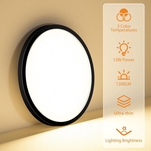 EFEMF-1PACK LED Flush Mount Ceiling Light Fixture, 3000K-4000K-6500K & 100W Equivalent Modern Kitchen Ceiling Lamp 12W 1200Lm 6.5 Inch Closet Round Surface for Bathroom Laundry Bedroom Hallway, Black