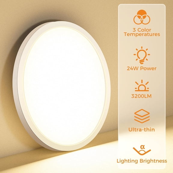 EFEMF-1PACK LED Flush Mount Ceiling Light Fixture, 3000K-4000K-6500K & 100W Equivalent Modern Kitchen Ceiling Lamp 24W 3200Lm 12 Inch Closet Round Surface for Bathroom Laundry Bedroom Hallway