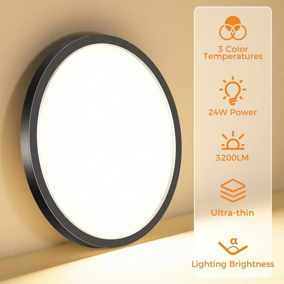 EFEMF-1PACK LED Flush Mount Ceiling Light Fixture, 3000K-4000K-6500K & 100W Equivalent Modern Kitchen Ceiling Lamp 24W 3200Lm 12 Inch Closet Round Surface for Bathroom Laundry Bedroom Hallway, Black