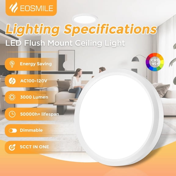 EFEMF-1Pack 12 Inch LED Flush Mount Ceiling Light, 25W, 3000LM, CRI 95+, 2700K-5000K 5Color Selectable & Dimmable, White Thin Flat Surface Mount Lights for Bedroom, Hallway, Dining Room, Garage