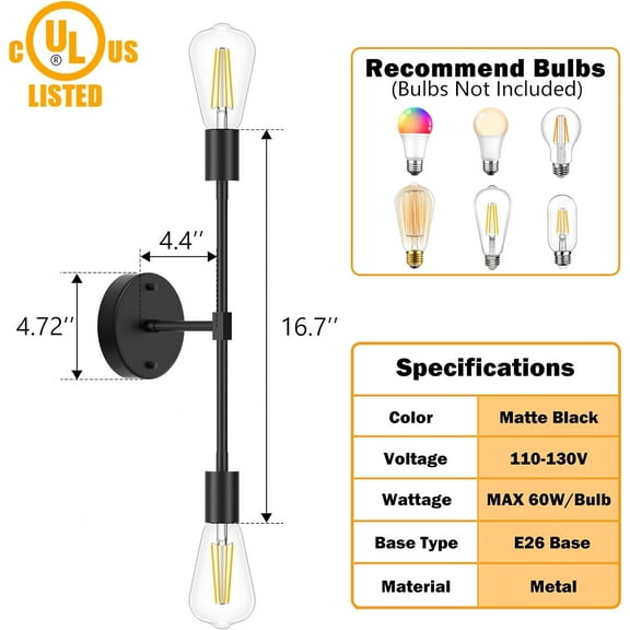 EFEMF-2-Light Black Bathroom Lighting Over Mirror, Modern Sconces Wall Light Fixtures, Indoor Semi Flush Mount Ceiling Light for Hallway Bedroom Kitchen (1 Pack)