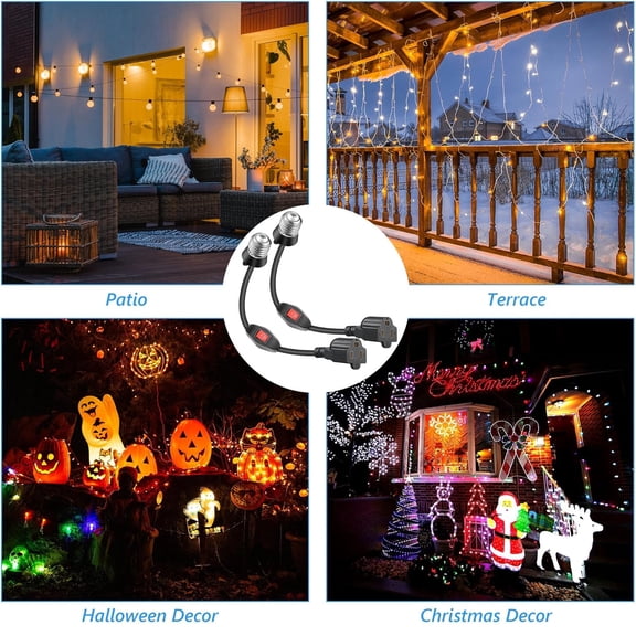 EFEMF-2 Pack 3 Prong Light Socket Outlet Adapter with On/Off Switch for Easy Control, E26/ E27 Light Bulb Outlets Adapter for Halloween Outdoor Porch Socket Garage Patio