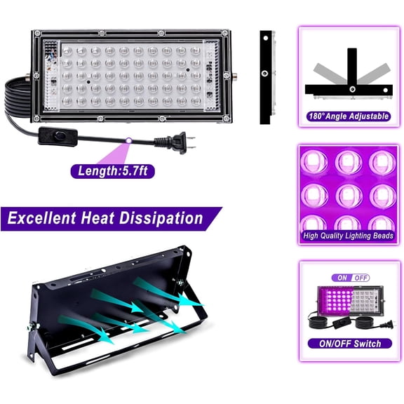 EFEMF-2 Pack 50W Black Light, LED Blacklight with US Plug and Switch, Black Lights for Glow and Neon Parties, Halloween, Body Painting, Birthday Party, Fluorescent Painting and Tapestry