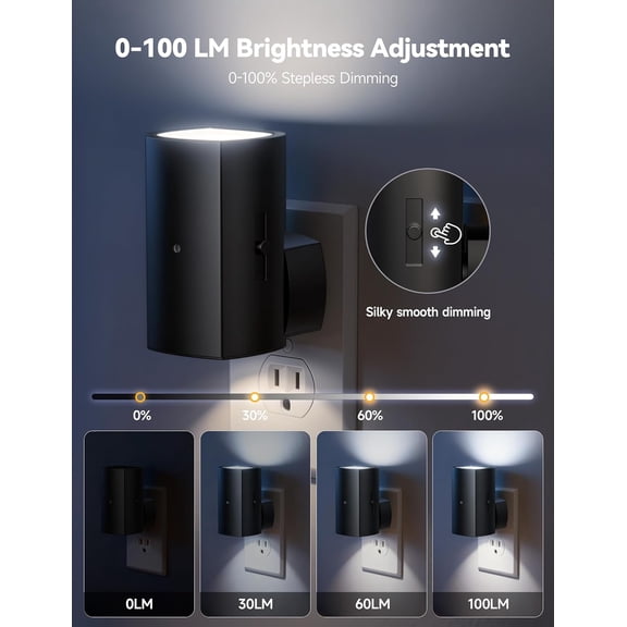 EFEMF-2 Pack Black Night Lights Plug into Wall, Modern Night Light with Rotating Plug, Dusk to Dawn Sensor, 0-100LM Stepless Dimming Aora Night Light for Hallway Bedroom Bathroom, Pure White