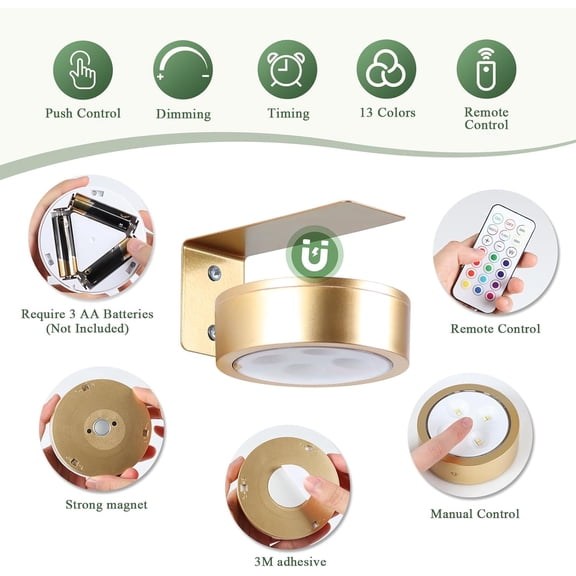 EFEMF-2-Pack Picture Light Battery Operated Painting Lights, 13 Color RGB Magnetic LED Display Art Light with Remote, Dimmable and Timer Portrait Light for Art Frame Artworking, Wall Decor Puck Light