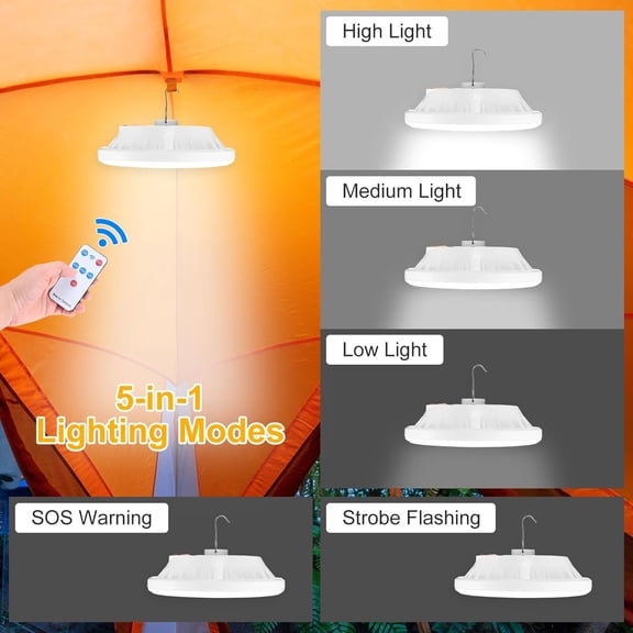 EFEMF-2-Pack Portable Rechargeable Camping Lights, Tent Lights LED Lantern Power Solar Battery Powered, 5 Lighting Modes, IP65 Waterproof Flashlight for Hiking/Emergency/Night