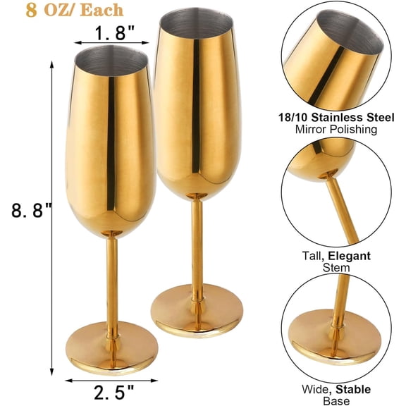 EFEMF-2-Pack Unbreakable Stemmed Champagne Glasses, 18/10 Stainless Steel Champagne Flutes, 8 OZ Gold Champagne Flute with Stem, Shatterproof Metal Wine Goblet Cup for Cheers, Wedding, Party