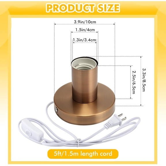 EFEMF-2 Pcs Polished Metal Desktop Lamp Base E26 E27 Screw Light Bulb Holder Sockets Night Light Base Lamp Replacement for Holding Bulb 6 Feet Cord on Off Switch Plug (Copper,Aluminum)